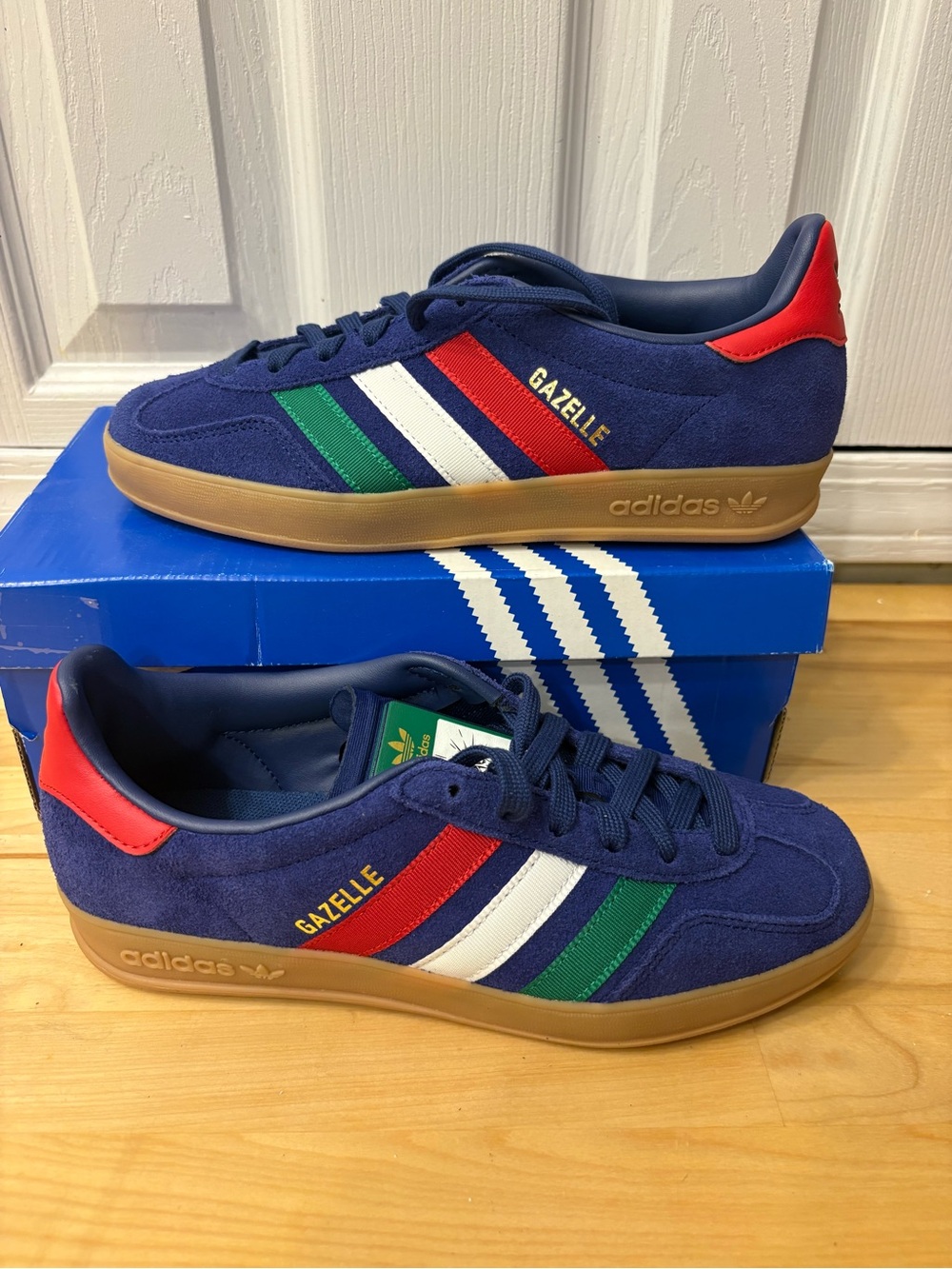 adidas Gazelle Navy Suede Sneakers with Red, White & Green Stripes